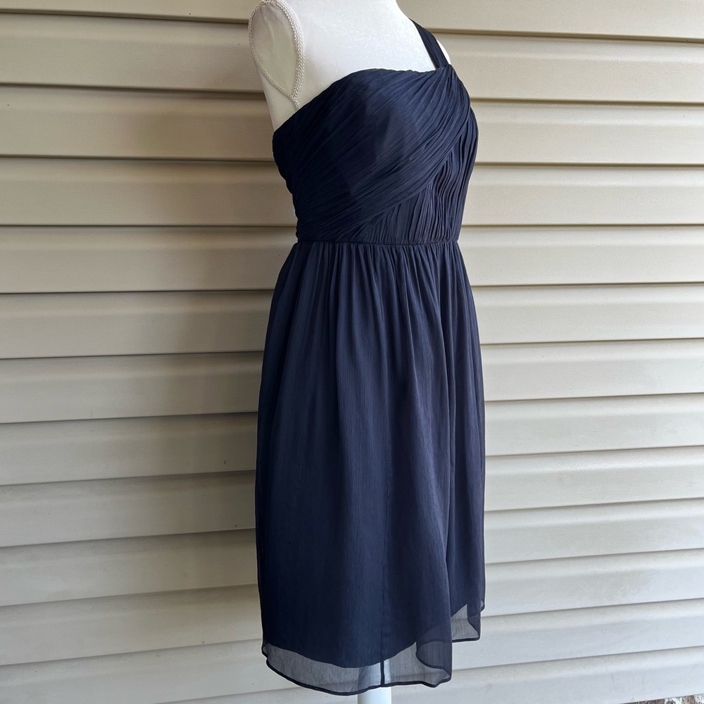 •J. Crew• Navy 100% Silk Chiffon One Shoulder Dress - Size 14 - Picture 4 of 7